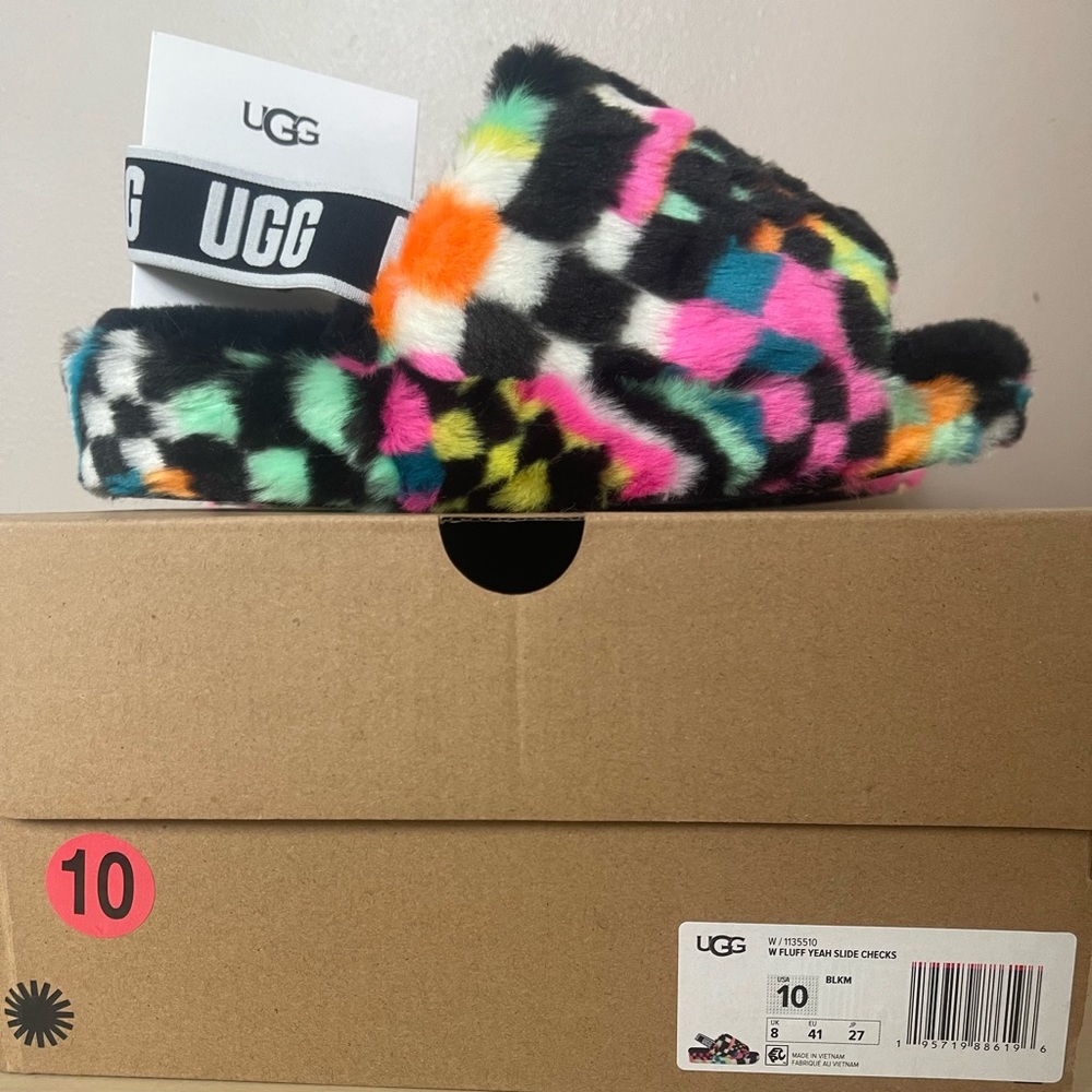UGG Australia Women's Fluff Yeah Slide Checks Sheepskin Slipper Size 10
